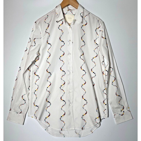 Xacus Mens Italian Button Up Shirt EU 46 White Multicolor Embroidered Wavy Dots - Picture 1 of 14